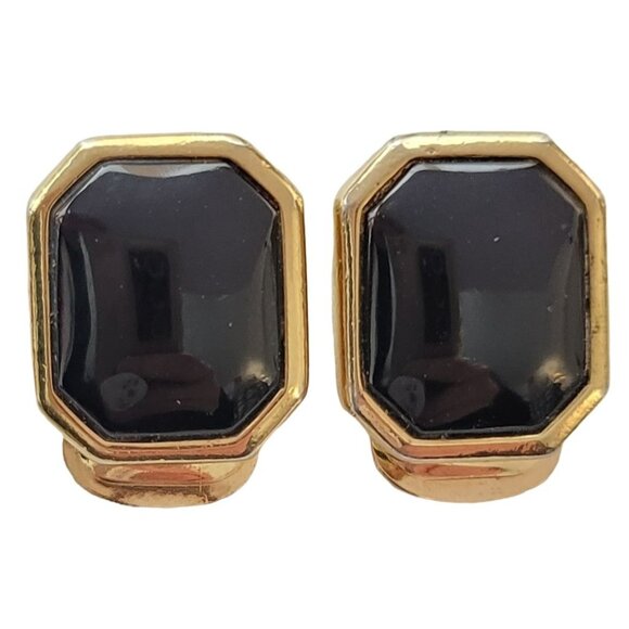 Christian Dior Vintage 1970-80s Gold Tone Black Onyx Square Clip On Earrings J01